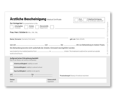 Frank Paperman  | Ärztliche Bescheinigung | Blöcke à 50 Blatt Behandlung Praxis
