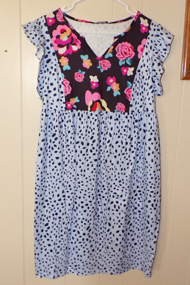 Coeur De Vague Polka Dot Floral Baby Doll Dress Sm Blue V-Neck Ruffled Sleeve