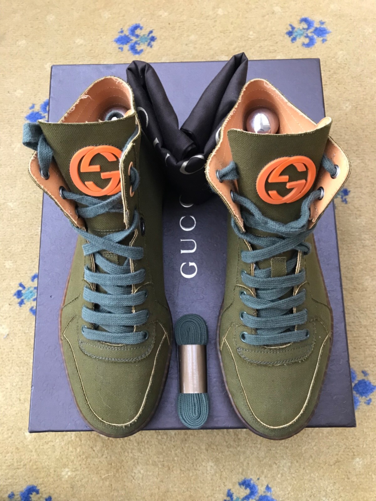 Gucci Trainers Sneaker High Top Shoes Green Olive Fabric UK 5.5 US 6.5 39.5 Mens thumbnail 2