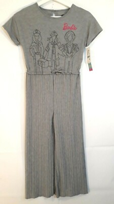 Barbie 60th Anniversary Girls Size M 7-8 Gray Pleated Bottom Graphic Jumpsuit