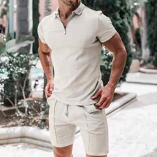 New Men's 2 Piece Set Casual Polo Zip Short Sleeve Golf Shirt w/ Shorts