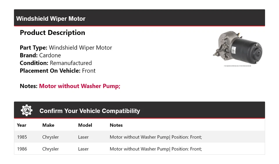 Двигатель стеклоочистителя переднего стекла лазерный для Chrysler 1985-1986 годов выпуска - Изображение 2 из 4