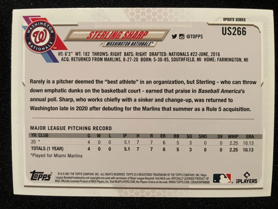 Sterling SHARP RC 2021 Topps Update Series #US266 Washington Nationals - Image 2 of 2
