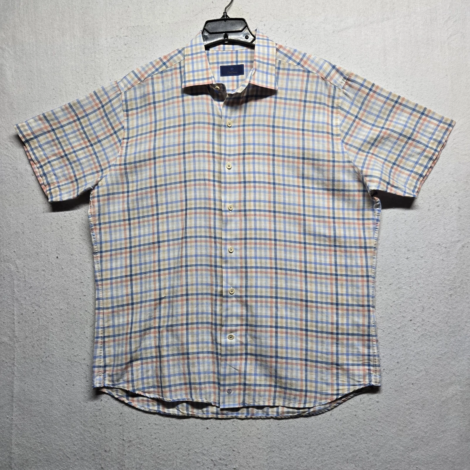 david donahue linen cotton blend shirt plaid multicolor men's size L