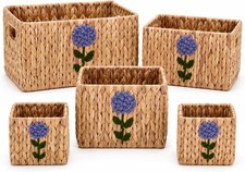 Wicker Storage Baskets 5Pack Water Hyacinth Woven Organizer Bins with Handles
