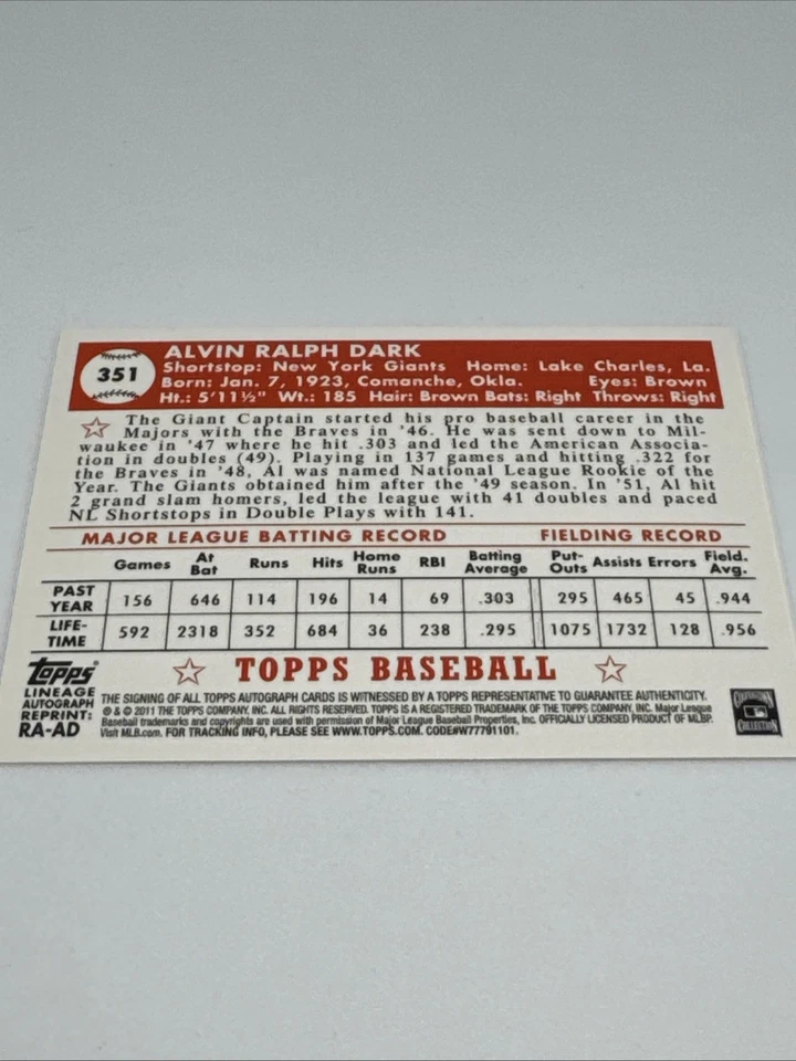 Autógrafos Topps Lineage 2011 reimpresión Al Dark #RA-AD New York Giants Foto 3 de 4