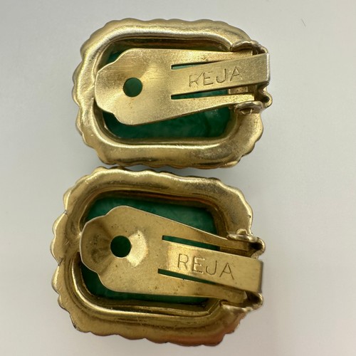 Reja Años 40 Vintage Tono Dorado Verde Remolinado “Pekín” Arte Vidrio Clip en Pendientes - Imagen 6 de 7
