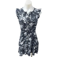 Ann Taylor LOFT Women's Black Gray Floral Ruffle Button Up Mini A Line Dress 0
