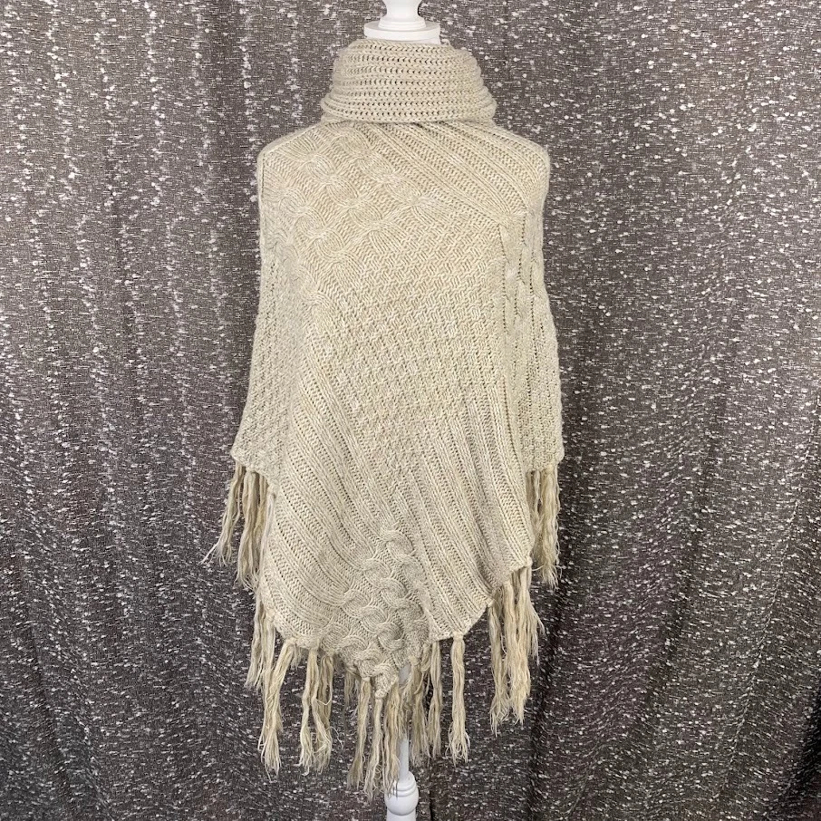 Bay Sky Cable Knit Turtleneck Fringed Poncho Sweater Boho Y2K Women's OS