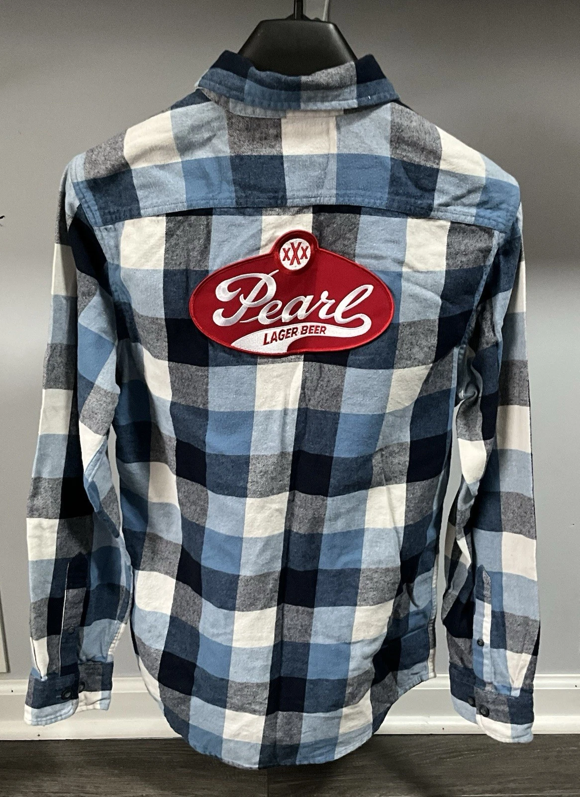 VtG Denim Shirt “Sonoma”unisex,Blue Chechered With “Logo PearL Larger Beer”S