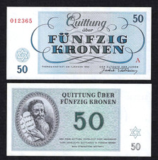 1943 THERESIENSTADT GHETTO CAMP 50 KRONEN ~ JUDAICA ~ MOSES & TABLETS ~CRISP UNC