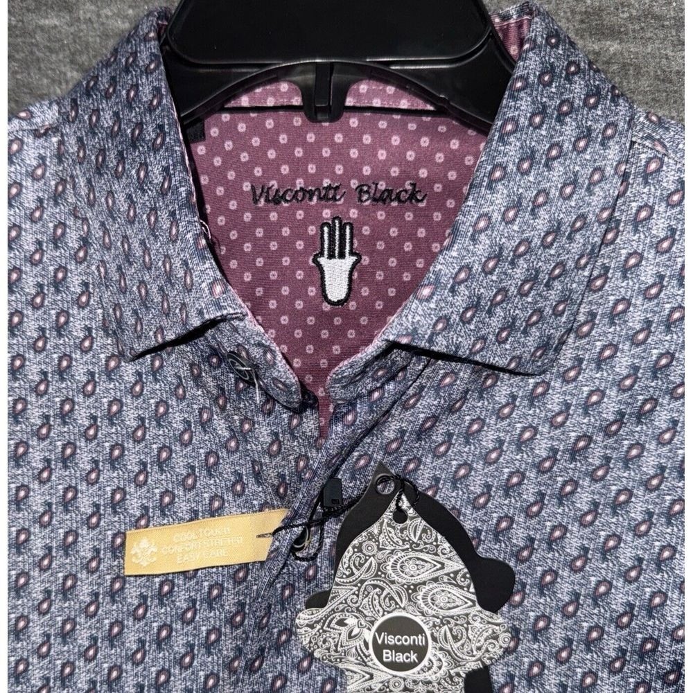 Visconti Black Men Performance Stretch Dress Shirt Flip Cuff Paisley Gray M NEW