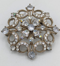 Vintage Rhinestone Snowflake Brooch Ice Blue Crystal Starburst Clear AB Pin MCM