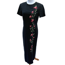 Jack Mulqueen NY Linen Blend Embroidered Maxi Dress Sz 8 Black Floral Vtg 70s