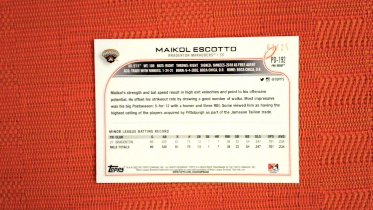2022 Topps Pro Debut Orange #PD-192 Maikol Escotto 3/25 | eBay