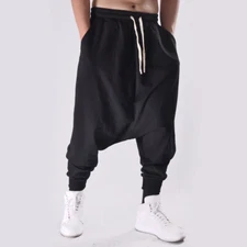 Mens Drop Low Crotch Sweat Pants Loose Tapered Drawstring Harem Trousers Fashion