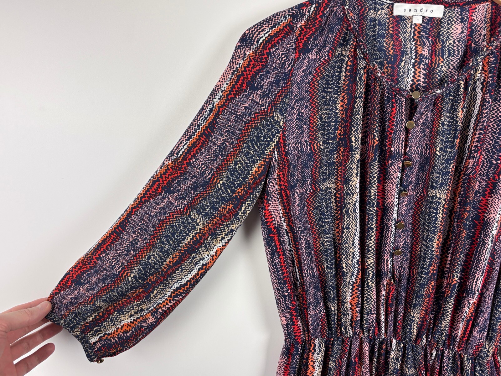 Sandro Silk Zigzag Pattern Long Sleeve Dress Elas… - image 2