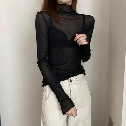Women Thin Lace Mesh Shirt Tops Sheer High Neck Basic T-shirts Sexy See Through - Picture 1 of 21