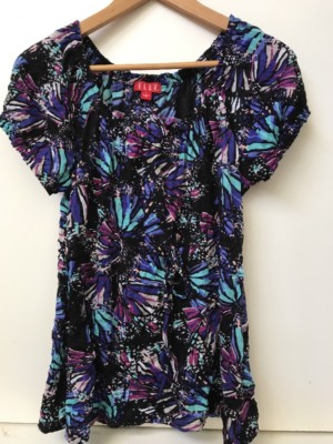 ELLE Black Multicolor Print Top Cap Sleeve Elastic Drawstring