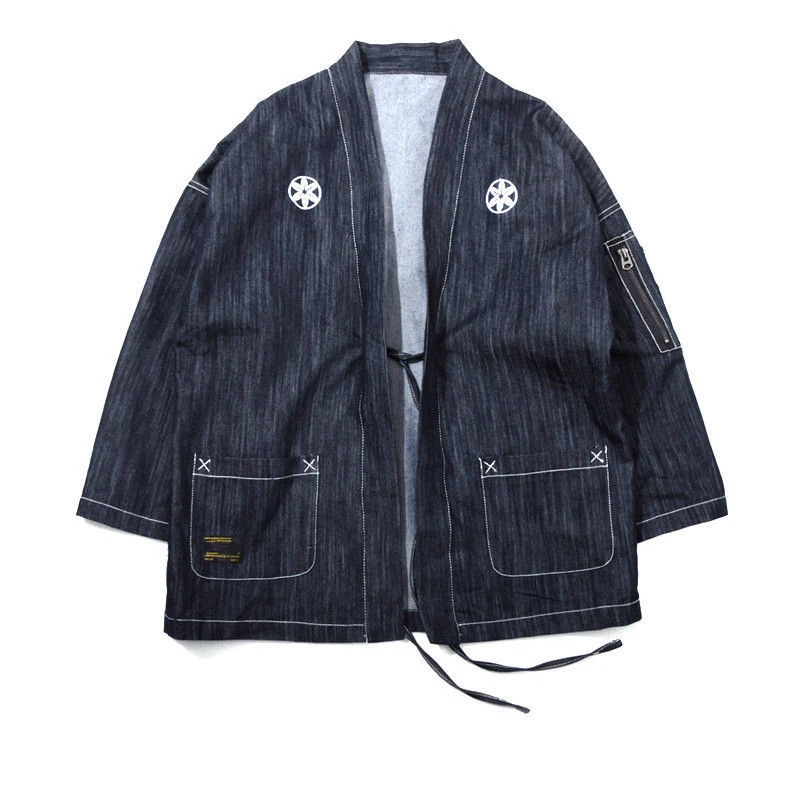 Mens Embroidery Denim Japanese Kimono Jacket Loose Coat Cardigan Outerwear Party