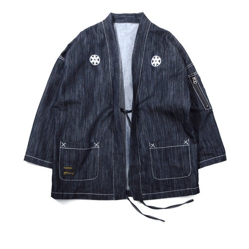 Men Embroidery Denim Japanese Kimono 