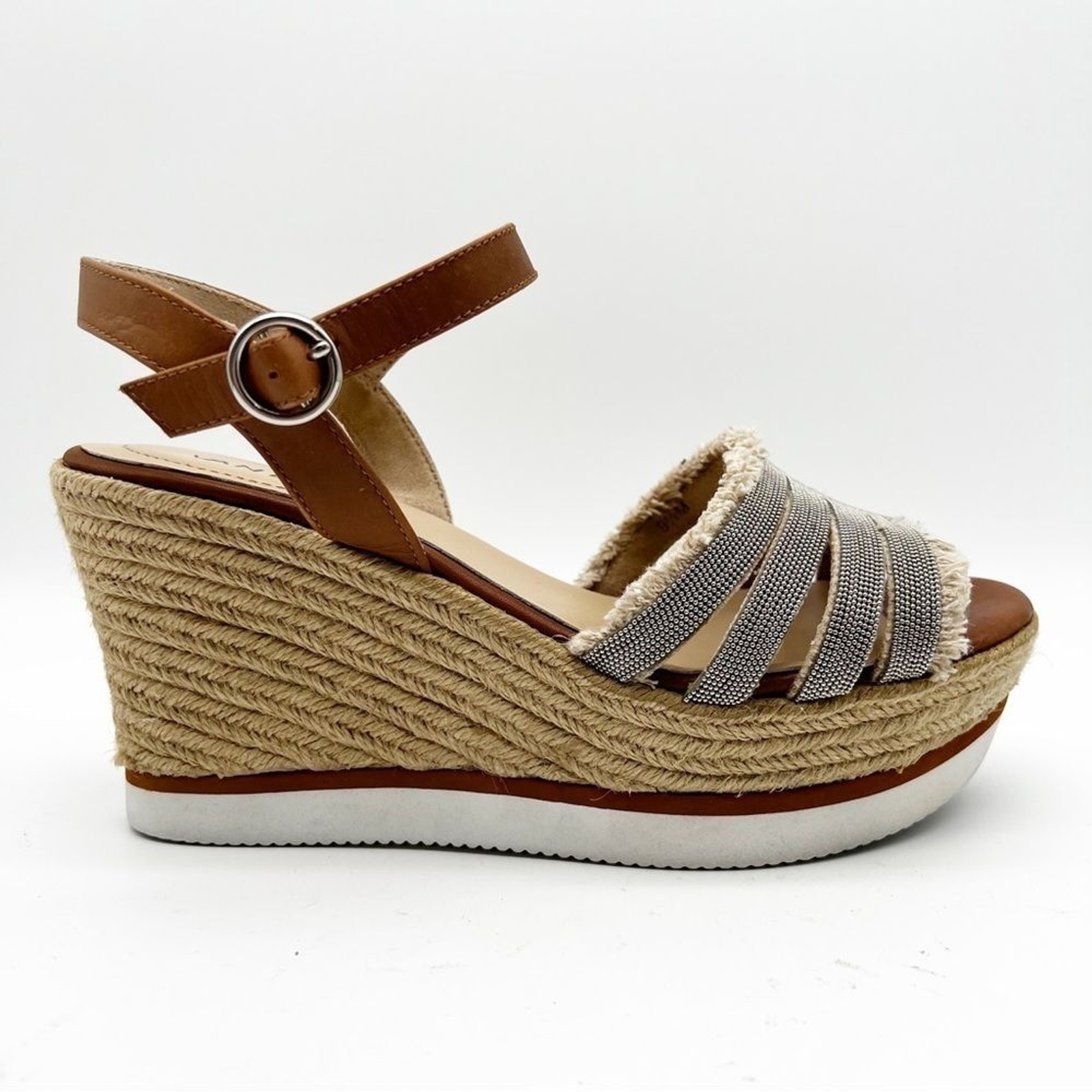 APL Sandalo boho Vaneli Caila marrone tela naturale argento perline espadrillas zeppa 9 5