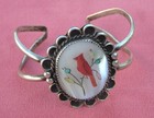 Cardinal on Mother of Pearl Silver Native American Indian Bracelet with