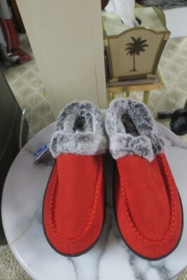 Women's Fuzzy Slippers with Memory Foam Insole Slip on Red Gray Size 6-7  small