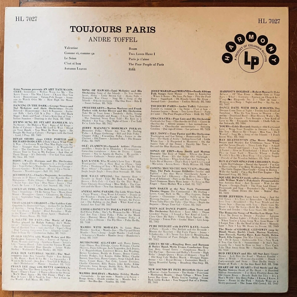 ANDRE TOFFEL TOUJOURS PARIS VINYL LP HARMONY HL 7027 14 - Image 2 of 4