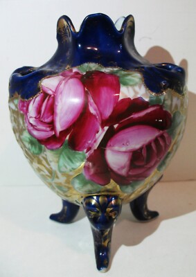 Ant Unmarked Cobalt Hand Painted w Roses 3 Footed PorcelainPottery Openwork Vase