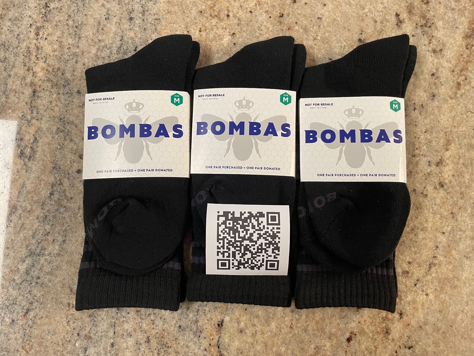 3 Pair New Bombas Adult Medium Black Crew Calf Socks w/ Arch