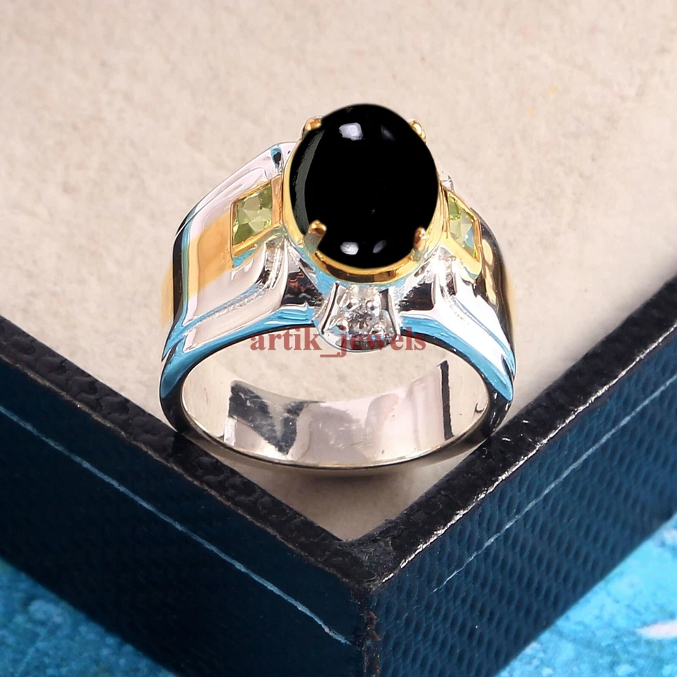 Anillo De Hombre De Ónix Negro Natural Y Peridoto Con Plata Esterlina 925 #5869 - Imagen 2 de 4