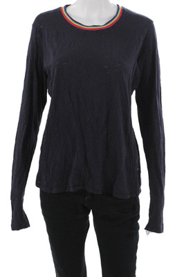 Goldie Women Ringer T-Shirt Dark Blue Crew Neck Long Sleeve Pima Cotton Size L
