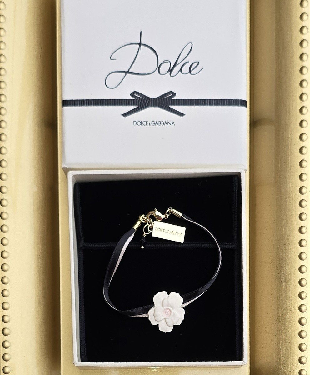 アクセサリー DOLCE&GABBANA Heart stone Gold Bangle Dolce & Gabbana Bracelet, Black & gold Ribbon ,Flower White & Pink
