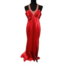 Flirt by Maggie Sottero Red Satin Beaded Halter Prom Gown P4247 Size 8