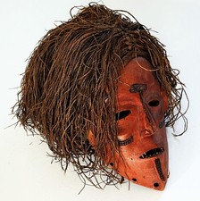 AFRICAN CHOKWE ANGOLA ZAMBIA CEREMONIAL FUNERARY HAND CARVED WOOD & FIBER MASK