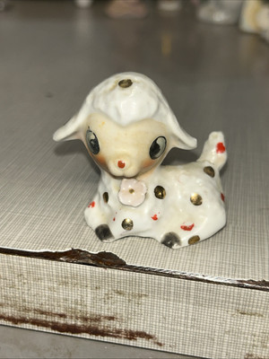 Vintage Lamb Flower White Red Gold Polka Dots Figurine JAPAN Kitschy Rare