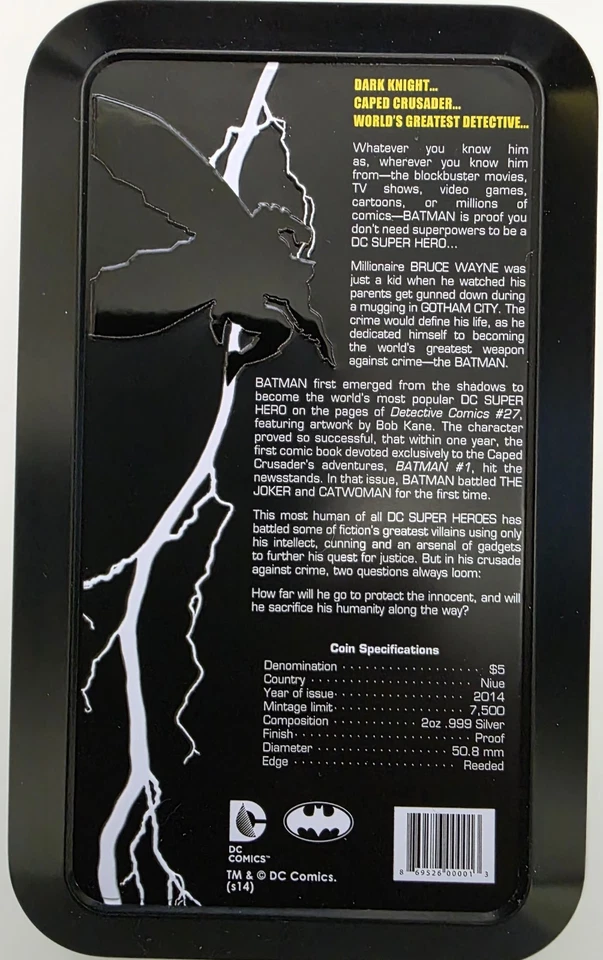 Moneda de plata Niue 2014 $5 ~ 75 años de Batman ~ 2 oz .999 prueba fina con OGP Foto 4 de 4