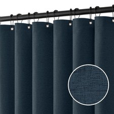 Navy Blue Extra Long Linen Heavy Fabric Shower Curtain 12 Hooks 72x84 Inch