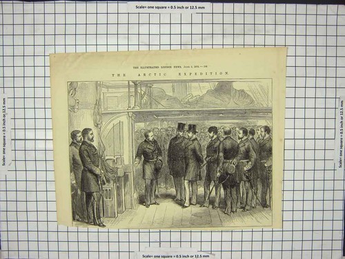 Original Old Antique Print Artic Axpedition Men Gathering Crowd