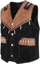 Men Western Cowboy Suede Leather Vest Native American Beaded Fringe Waistcoat