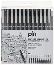 UNI PIN FINELINER DRAWING PEN SET 12 BLACK Fine Point Marker Art Supplies
