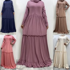 Muslim Women Long Sleeve Maxi Dress w/ Scarf Abaya Kaftan Dress Islamic gOWN