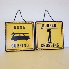 Surfer Crossing and Gone Surfing Decorative Wooden Signs 9.5 Inch x 9.5 inch