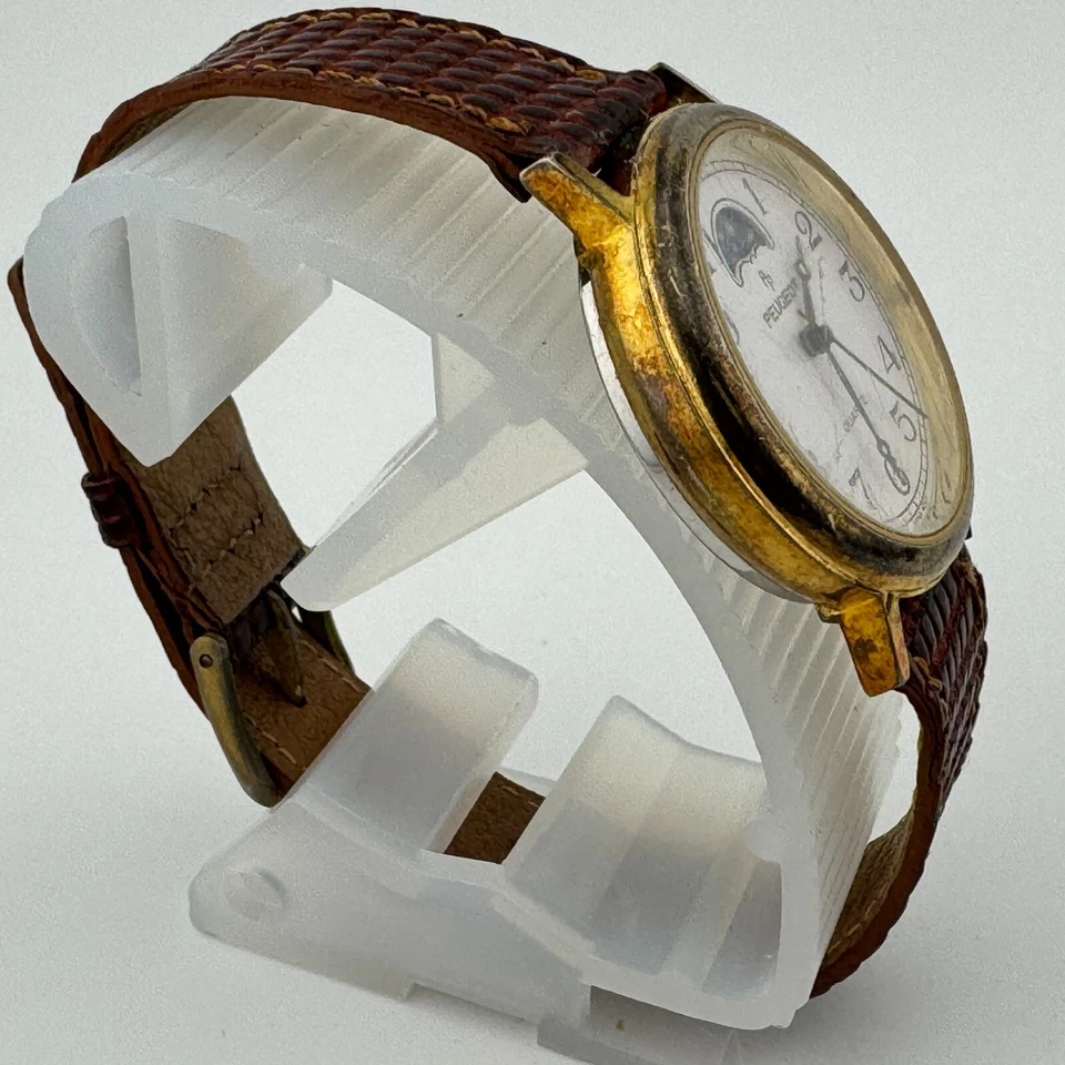 VTG Peugeot Quartz Watch Men Gold Tone Moon Phase Leather Band ~For Parts Repair Foto 3 de 4
