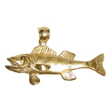 New 14k Yellow Gold 3-D Walleye Fish Pendant