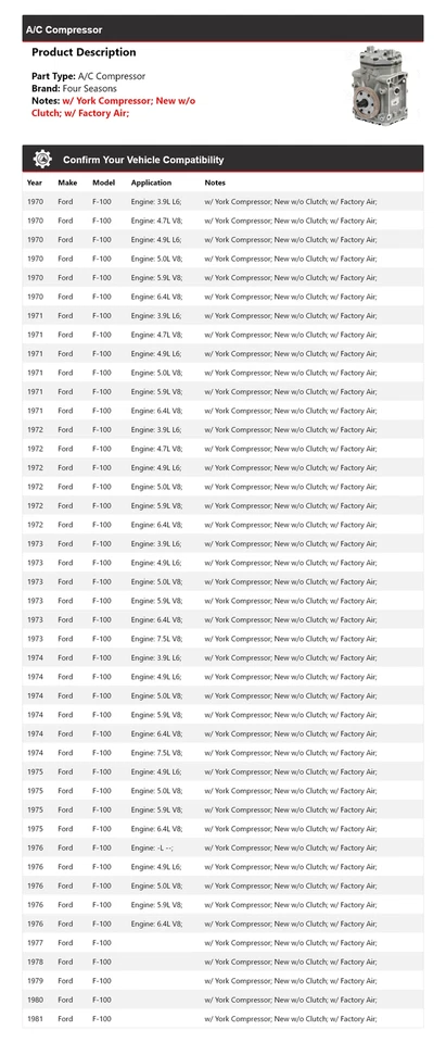 For 1970-1981 Ford F-100 A/C Compressor 4 Seasons 1971 1972 1973 1974 1975 1976 - Image 2 of 4