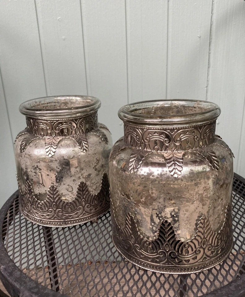 Juego de 2 jarrones vintage de vidrio mercurio filigrana plateada 6,5" POTTERY BARN MADELINE Foto 2 de 4