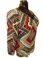 Heart & Soul pink, orange tribal print blouse, pointed hem, l