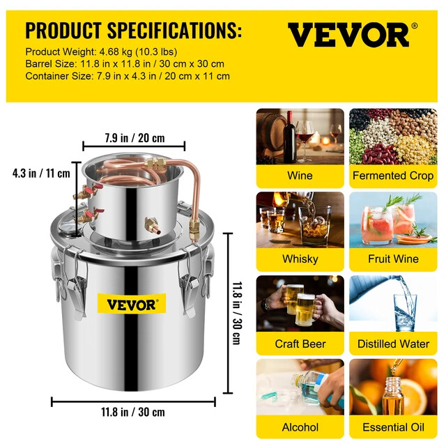 VEVOR 3/5/8 GAL Copper Alcohol Distiller | Home DIY Brewing and Distilling Kit